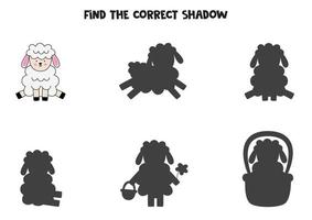 encontre as sombras corretas do fofo cordeiro da páscoa. quebra-cabeça lógico para crianças. vetor