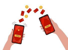 Hongbao digital enviando por smartphone. transferência online de dinheiro chinês. Hongbao, presente tradicional de angpao na china. celulares nas mãos das pessoas. ilustração vetorial plana vetor