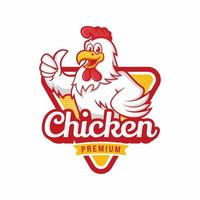 personagem de desenho animado de logotipo de frango. uma galinha de galo de desenho animado engraçado dando um polegar para cima. ilustração de logotipo em vetor