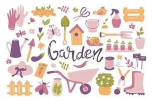 conjunto de jardim de ferramentas. pá, carrinho de mão, plantas, regador, luvas de jardinagem, mudas. ilustração vetorial plana com letras de mão vetor