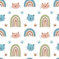 arco-íris e gato padrão sem costura ilustração vetorial, padrão bonito no arco no estilo boho. design escandinavo para impressão de bebê. arco-íris e gatinho em cores da moda vetor