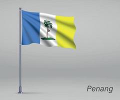 acenando a bandeira de penang - estado da malásia no mastro da bandeira. modelo vetor