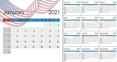 calendário simples 2021 no idioma inglês, início da semana no domingo. vetor