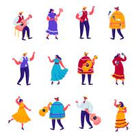Conjunto de celebração plana de um tradicional feriado mexicano em caracteres coloridos roupas tradicionais. Cartoon People Festival Músicos com guitarras, maracas e acordeão. Ilustração vetorial. vetor
