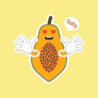 personagens de mamão estilo cartoon fofos e kawaii para comida saudável, vegan e design de culinária. mamão de frutas tópicas, vitaminas e nutrição, ingrediente de bebida de alimentos e sucos saudáveis vetor