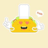 taco com personagem de chapéu de chef. deliciosos tacos fofos e kawaii com carne ou frango, molho de carne, salada verde e tomate vermelho. taco para design de eventos de restaurante ou café. comida mexicana vetor