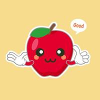 personagem de maçã fofa e kawaii com cara engraçada. feliz emoji de maçã de desenho animado bonito. ilustração vetorial de personagem de comida vegetariana saudável vetor