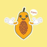 personagens de mamão estilo cartoon fofos e kawaii para comida saudável, vegan e design de culinária. mamão de frutas tópicas, vitaminas e nutrição, ingrediente de bebida de alimentos e sucos saudáveis vetor