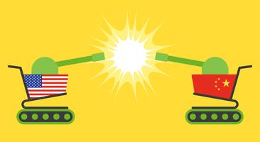 Carrinho de compras pintado bandeira EUA enfrentando com carrinho de compras pintado bandeira da China vetor