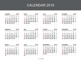 calendário de 2019 com 12 meses em fundo branco. vetor. vetor