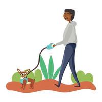 cara passeia com um cachorro chihuahua na coleira vetor