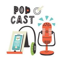 podcast microfone smartphone fones de ouvido vetor