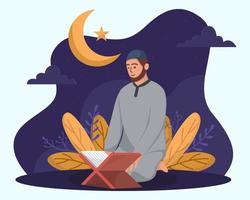 mês de jejum do ramadã com homem lendo al quran vetor