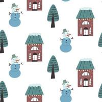 padrão sem costura casas de inverno boneco de neve árvores de natal vetor