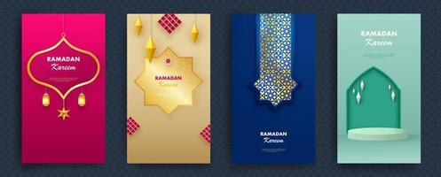 conjunto ramadan kareem de cartazes ou convites com papel 3d cortado lanternas islâmicas, estrelas e lua sobre fundo azul e claro. vetor