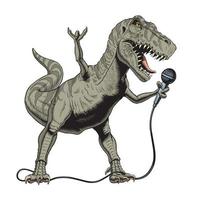 cantor de rock dinossauro segurando o microfone. tiranossauro ou t rex. ilustração em vetor estilo cômico.
