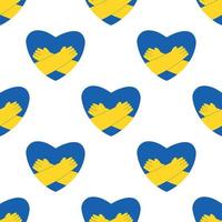 padrão sem emenda da ucrânia com as mãos abraçando o coração nas cores da bandeira ucraniana, ilustração vetorial plana em branco. fundo com conceitos de paz e ajuda humanitária ou apoio durante a guerra. vetor