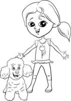 menina dos desenhos animados com página de livro de colorir de personagem de cachorro poodle vetor