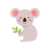 um pequeno coala fofo senta-se com um galho nas mãos. filhote de urso exótico cinza desenhado à mão em estilo cartoon, isolado no fundo branco vetor