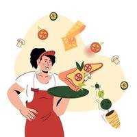 garçonete atraente segurando uma bandeja com uma fatia de pizza. pizzaria ou garçonete restaurante italiano cercado por ingredientes de pizza, ilustração vetorial dos desenhos animados isolada no fundo branco. vetor