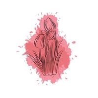 contornos de botão de tulipa em um ponto de tinta aquarela vermelha vetor