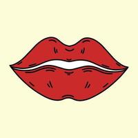 ícone de vetor de lábios beijos brilhantes. mão desenhada ilustração vintage. boca feminina pintada com batom vermelho. impressão hippie retrô para decoração, design de camiseta, adesivo, cartão. rabisco plano, estilo anos 70