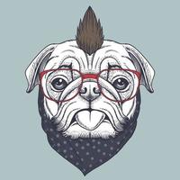 pug dog punk desenhado à mão usando óculos vermelhos e bolinhas de bandana vetor