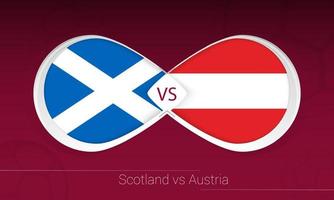 Escócia x Áustria na competição de futebol, grupo f. contra o ícone no fundo do futebol. vetor
