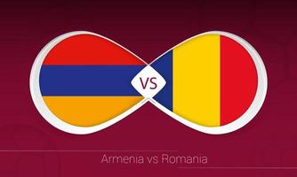 Armênia x Romênia na competição de futebol, grupo j. contra o ícone no fundo do futebol. vetor