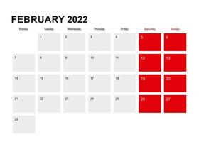 Design de calendário do planejador de fevereiro de 2022. semana começa a partir de segunda-feira. vetor