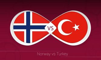 Noruega vs Turquia na competição de futebol, grupo g. contra o ícone no fundo do futebol. vetor