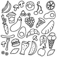 padrão com ícones de comida. ícones de frutos do mar, cogumelos, doces, legumes e frutas. ícones vetoriais de comida vetor