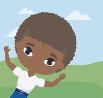 cute little student boy afro em cena de paisagem vetor