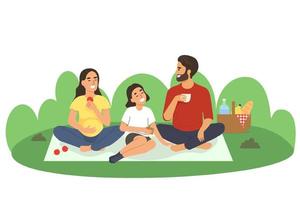 uma família esportiva passa o tempo ao ar livre. pai, mãe e filha relaxam e comem na natureza. ilustração vetorial em um estilo simples vetor