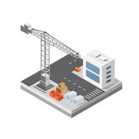 construção de cidade 3d isométrica industrial com guindastes de construção e casas de cidade feitas em perspectiva. ilustração branca moderna vetor