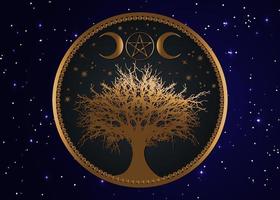 mandala de sinal wicca árvore da vida, pentagrama de lua mística de ouro, geometria sagrada, lua crescente dourada, símbolo de deusa tripla wiccan pagão de meia lua, vetor isolado no fundo azul do céu noturno estrelado