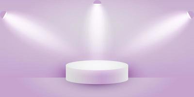 pódio vazio 3d com luz de fundo. banner lilás para apresentação do produto. pedestal cilíndrico com luz suave. fundo roxo do vetor. vetor