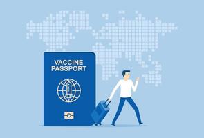 empresário usa um passaporte de vacina para viajar ao redor do mundo vetor