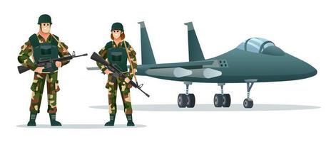 soldados do exército homem e mulher segurando armas de armas com ilustração dos desenhos animados de avião a jato militar