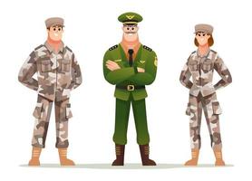 capitão do exército com conjunto de personagens de desenhos animados de soldados homem e mulher vetor