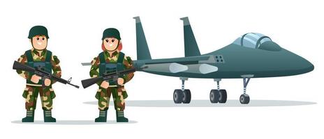 Soldados do exército menino e menina bonitinho segurando armas de armas com ilustração de desenho animado de avião a jato militar