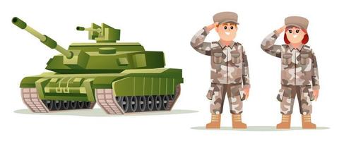 personagens de soldado do exército bonito menino e menina com ilustração de desenhos animados de tanque vetor