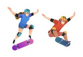 conjunto de feliz menino e menina andando de skate na ilustração de pose de salto