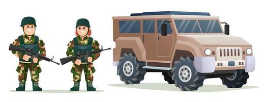 soldados do exército menino e menina bonitinho segurando armas de armas com ilustração de desenho animado de veículo militar vetor