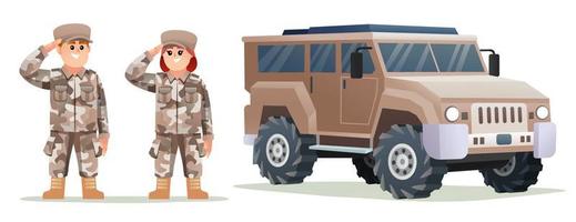 personagens de soldados do exército masculinos e femininos bonitos com ilustração de desenho animado de veículo militar vetor