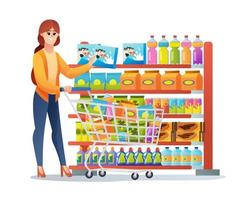 mulher feliz fazendo compras na ilustração dos desenhos animados do supermercado vetor