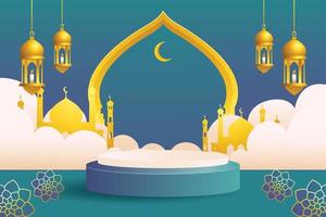 Pódio de fundo horizontal com tema ramadan kareem estilo islâmico 3d azul e dourado para vitrine de produtos de exibição de produtos em pedestal vetor