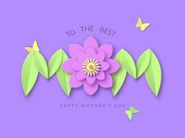 melhor cartaz de decoração floral do dia das mães. feliz feriado com flor de corte de papel rosa e folhas verdes letras primavera parabéns ente querido com borboletas vetoriais esvoaçantes amarelas