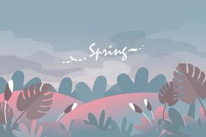 fundo de ambiente de primavera e verão ou design de banner com lindas flores, folhas, montanha, paisagem e elemento do céu. ilustração vetorial eps10 vetor