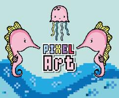 Desenhos animados do mundo aquático de pixel art vetor